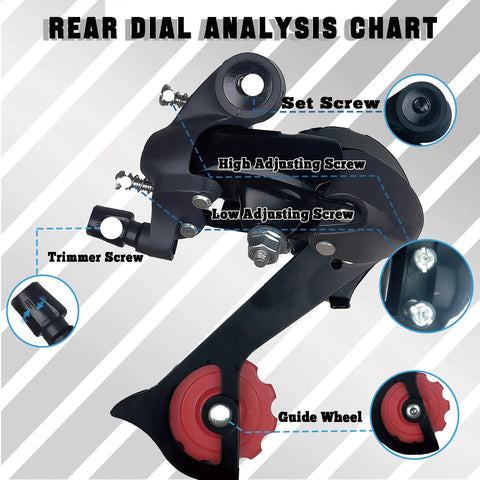 Rear view of K138 6/7 Speed Rear Derailleur Direct Mount For Mountain Bike And Road Bike With 36T Capacity Replacement; labeled parts.