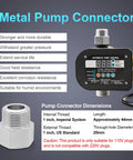 Smart Pump Controller With Dual Metal Connectors, BSPP G1 Threaded Interface, Dual Mode Digital Display, shown with dimensions