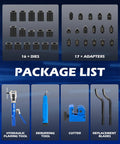 Orion Motor Tech hydraulic flaring tool kit with 16 dies and 17 adapters, blue flaring tool, deburring tool, cutter.