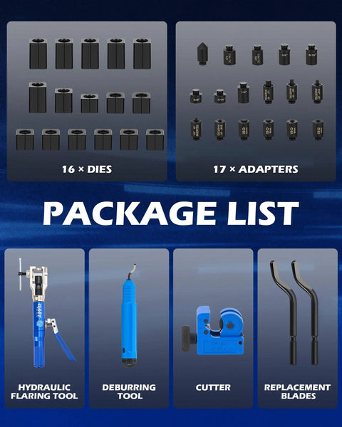 Orion Motor Tech hydraulic flaring tool kit with 16 dies and 17 adapters, blue flaring tool, deburring tool, cutter.