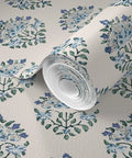 Sick Periwinkle Matte Wallpaper With Subtle Linen Texture displayed as a roll with floral pattern, ideal for kitchen and bathroom use.