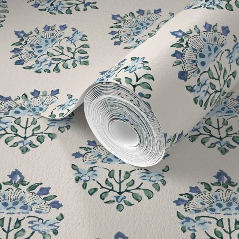 Sick Periwinkle Matte Wallpaper With Subtle Linen Texture displayed as a roll with floral pattern, ideal for kitchen and bathroom use.