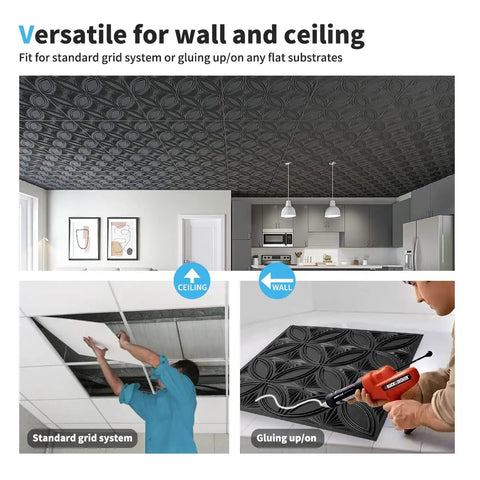 Black PVC Drop Ceiling Tile 2x2 Ft With Glue Up 3D Wall Panel Look, 24x24 In, 12 Pack, Lightweight And Flexible, Water And Corrosion Resistant, Easy Install In Standard T Bar Grid Or On Flat Substrates