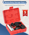 Five Piece Oxygen Sensor Socket Set With Universal 6 Point 22mm Openings and Thread Chaser in red case.