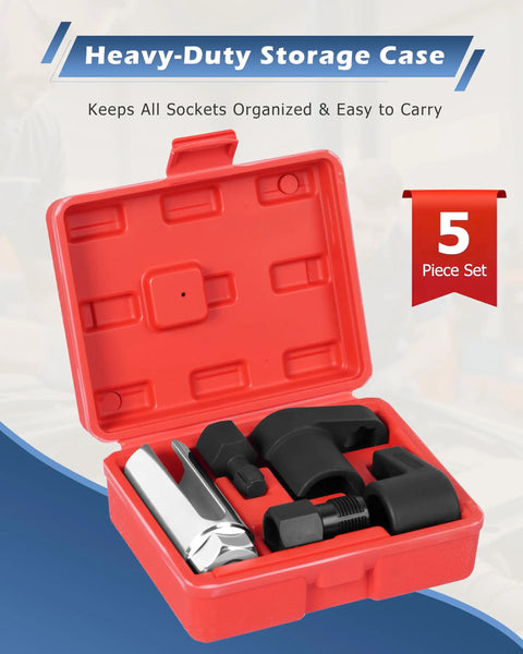Five Piece Oxygen Sensor Socket Set With Universal 6 Point 22mm Openings and Thread Chaser in red case.