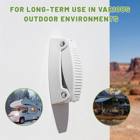 5 Piece RV Door Holder Kit With Sturdy Spring Clip And Mounting Screws attached on camper in outdoor setting