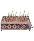 Authentic Turkish Copper Electric Hot Sand Coffee Maker Heater with Dual Voltage 110V 220V Seljuk Model, front view with pots