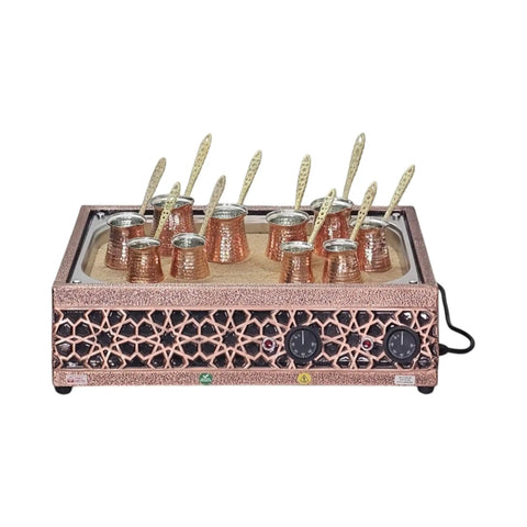 Authentic Turkish Copper Electric Hot Sand Coffee Maker Heater with Dual Voltage 110V 220V Seljuk Model, front view with pots