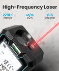 Close-up of Pro Grade Laser Measure Tool with 229 Feet Range and 70 Meters, showing dual bubble levels and backlit LCD display.