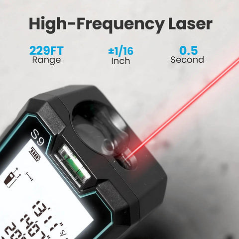 Close-up of Pro Grade Laser Measure Tool with 229 Feet Range and 70 Meters, showing dual bubble levels and backlit LCD display.