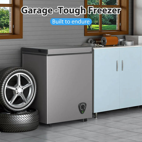 Compact Chest Freezer With Hella Spacious 3.5 Cu Ft Storage And Dang Quiet Cooling Plus Easy Peasy Temp Controls And Solid Grey Frame for garage setup