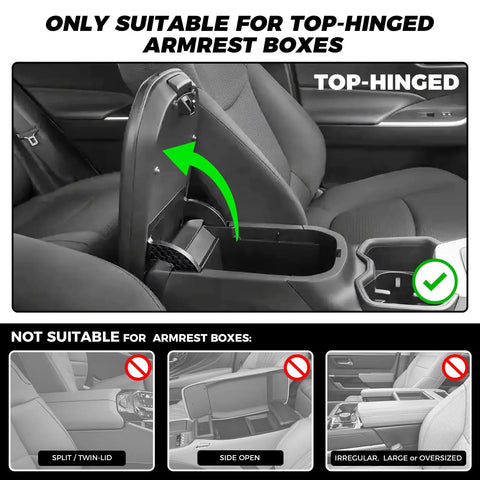 Open car armrest showing suitability for Leather Car Center Console Cover 5 In 1 Multifunctional Armrest Cushion Universal Fit