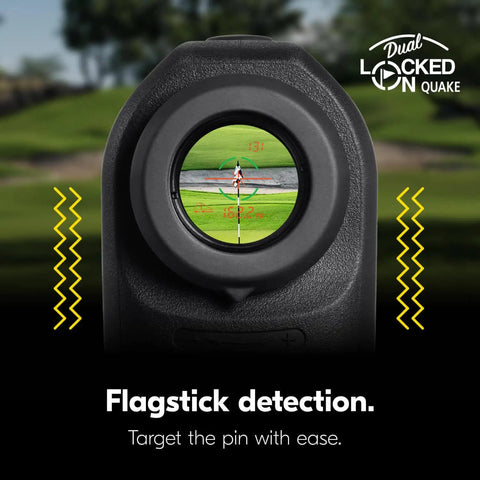 Coolshot ProIII Stabilized Golf Laser Rangefinder viewfinder with Dual Locked On Quake feature and flagstick detection.