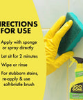Instructions for Grout And Tile Cleaner That Tackles Tough Stains From Mold Mildew Soap Scum And Hard Water On Ceramic Porcelain Tiles, 28 Ounce, Pack Of 2 shown with gloved hand using sponge on tiles.