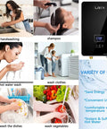 Instant 240V 6kW Tankless Electric Water Heater On Demand Hot Water For Kitchen And Bathroom With Self Modulating Tech Black Finish No Preheat Required Easy Install And Energy Smart Home Upgrade, with variety of uses and LED display.