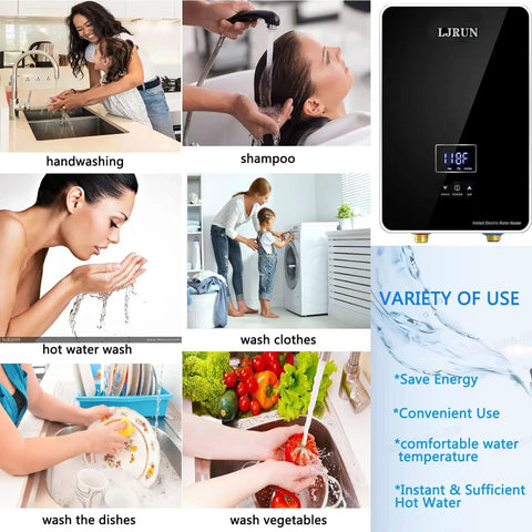Instant 240V 6kW Tankless Electric Water Heater On Demand Hot Water For Kitchen And Bathroom With Self Modulating Tech Black Finish No Preheat Required Easy Install And Energy Smart Home Upgrade, with variety of uses and LED display.