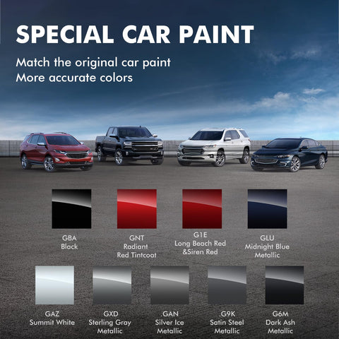 Automobiles with different paint colors including GBA WA8555 Black Touch Up Paint For Chevrolet Cars And Trucks DIY Scratch Repair Kit 