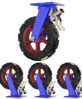 Heavy Duty Rubber Swivel Caster Set Of 4 With Secure Wheel Brake For Moving Heavy Equipment And Industrial Carts Built Tough As Nails To Roll Smooth, showcasing swivel wheel with dual brake.
