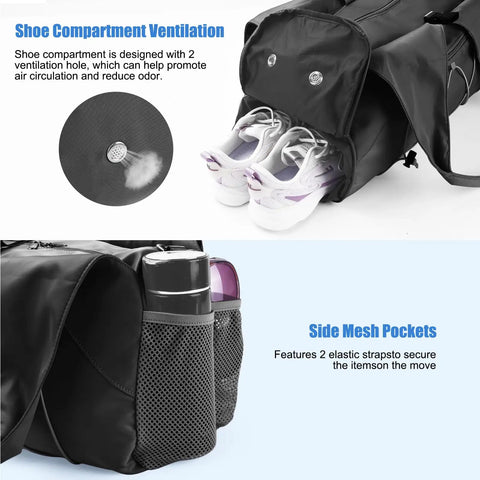 Women Gym Bag With Yoga Mat Holder And Shoe Compartment featuring ventilated shoe pocket with sneakers inside