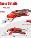 Heavy Hitter Dual Blade Cordless Electric Scissors With Rechargeable Battery Power Cutter, showing size details and safety button.