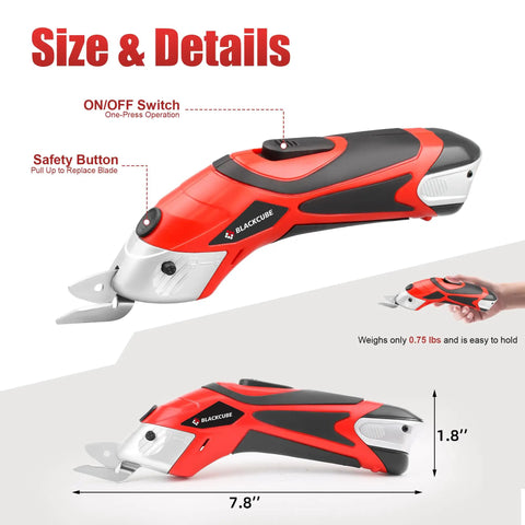 Heavy Hitter Dual Blade Cordless Electric Scissors With Rechargeable Battery Power Cutter, showing size details and safety button.