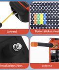 Collage showing 4-channel wireless crane remote kit components: orange transmitter with antenna, lanyard, sticker sheet, screws.