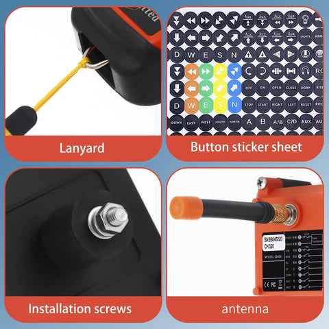Two-channel wireless crane remote control kit: orange receiver with antenna, transmitter, lanyard, screws, and sticker sheet.