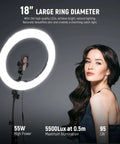 18 Inch Ring Light Kit With 55W 5600K Pro LED Stand illuminating woman, showcasing studio lighting quality and brightness.