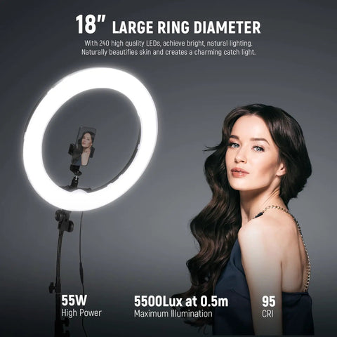 18 Inch Ring Light Kit With 55W 5600K Pro LED Stand illuminating woman, showcasing studio lighting quality and brightness.