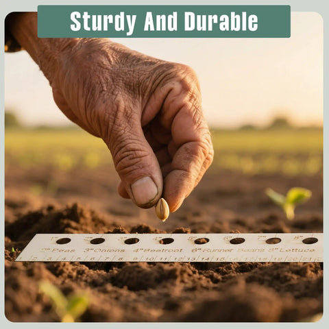 Gardener using Seed Spacers Planting Tool Garden Seed Planter Ruler With 2 Wooden Stakes Ideal For Seedlings Gardeners And Garden Planning Precise Planting Template For Perfect Rows And Even Growth in soil
