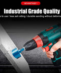 Diamond hole saw bit attached to a cordless drill; blue color, side view for tile and stone cutting