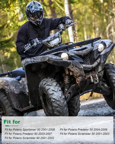 ATV rider in motion, compatible with CDI Box Ignition Coil Kit for Sportsman 90 Predator 50 90 ATV models, wooded area background