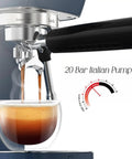 Premium 20 Bar Espresso Machine With A Beefy 10mm Steam Wand And Integrated Milk Frother brewing espresso shot.