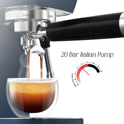Premium 20 Bar Espresso Machine With A Beefy 10mm Steam Wand And Integrated Milk Frother brewing espresso shot.