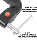 Close-up of 4 Inch Quick Release C Clamp with push button release, steel swivel and screw for auto repair, welding, and woodworking.