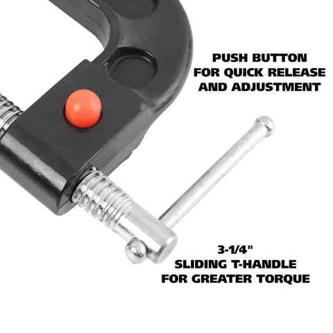 Close-up of 4 Inch Quick Release C Clamp with push button release, steel swivel and screw for auto repair, welding, and woodworking.
