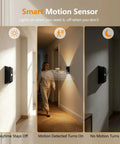 Fuligent Motion Sensor Light Indoor, Rechargeable Wall Sconce, 2 Pack with smart sensor and person walking in hallway.