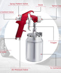 Straight Up Pro Grade Hvlp Paint Sprayer Boasting Three Interchangeable Tip Sizes For Flawless Sheens On Cars Furniture Fences Decks Cabinets And Interior Doors Without Breaking A Sweat close-up of red spray gun features including trigger and valves