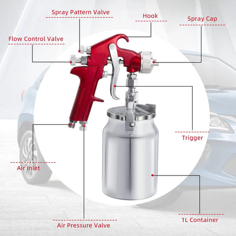 Straight Up Pro Grade Hvlp Paint Sprayer Boasting Three Interchangeable Tip Sizes For Flawless Sheens On Cars Furniture Fences Decks Cabinets And Interior Doors Without Breaking A Sweat close-up of red spray gun features including trigger and valves