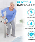 Real Deal Brushed Nickel Toilet Support Rail With Rock Solid Non Slip Grip For Seniors And Bath Safety 24 Inch Wall Mounted, shown in use by a senior.