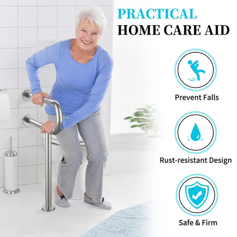 Real Deal Brushed Nickel Toilet Support Rail With Rock Solid Non Slip Grip For Seniors And Bath Safety 24 Inch Wall Mounted, shown in use by a senior.