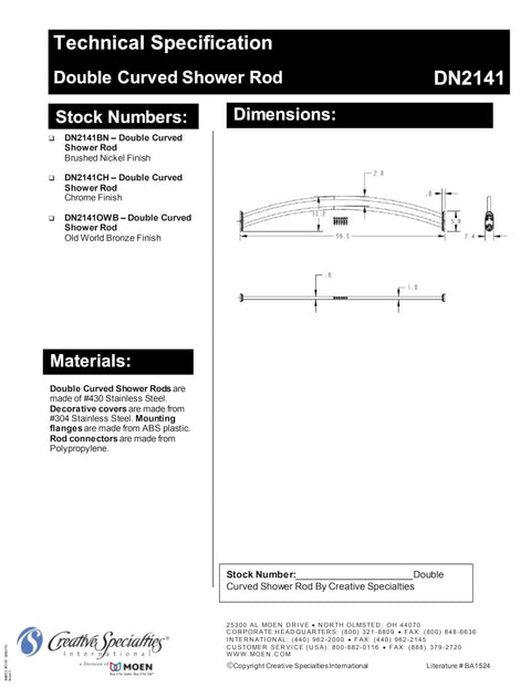 Chrome 60 Inch Adjustable Double Curve Shower Rod For 5 Foot Tubs Stainless Steel Easy Install specification sheet DN2141CH
