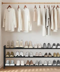 Expandable 3 Tier Metal Shoe Rack Holds 12 To 18 Pairs Freestanding Stackable Organizer in closet setup.