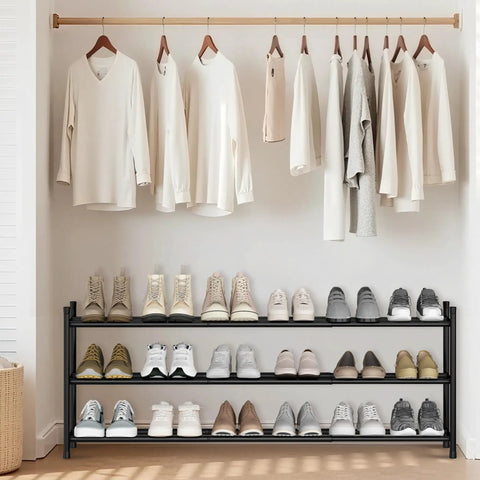Expandable 3 Tier Metal Shoe Rack Holds 12 To 18 Pairs Freestanding Stackable Organizer in closet setup.