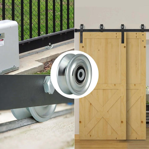 Skelang 3-in V-groove sliding gate wheel with double bearings for inverted V-track; metal wheel, 2000 lb capacity.