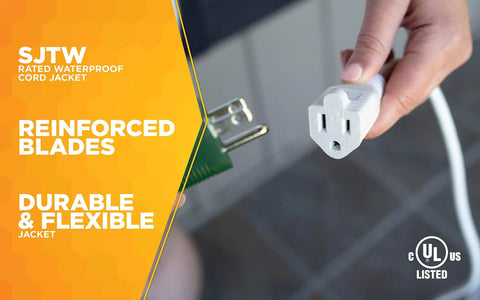 Person holding Outdoor Extension Cord For Landscape And Patio Use, Light Duty 16/3 Gauge, 20 Foot Power Cable, white vinyl jacket