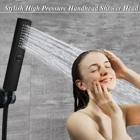 Woman using handheld shower from 8 Inch Rain Shower Head With Handheld, High Pressure Stainless Steel, Two Settings, Rainfall Shower Combo With Holder And 78 Inch Explosion Proof Hose In Black Finish.