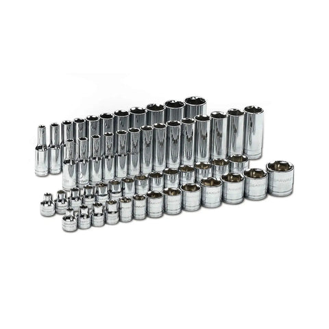 56 Piece Three Eighth Inch Drive Mechanic Tool Set With 120XP Sockets arranged in rows, showcasing standard and deep sockets