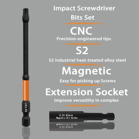 4 Inch Long Impact Torx Bit Set, CNC precision, S2 alloy steel with magnetic extension socket. Product features and materials displayed.
