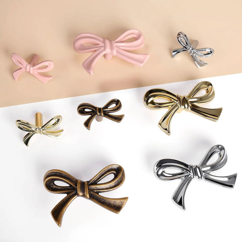 Eight Pack Pink Bow Dresser Knobs For Cabinets And Drawers Cute Vibe For Girls Bedroom And Nursery Decor Includes Two Size Options And Screws And Washers, various colors shown
